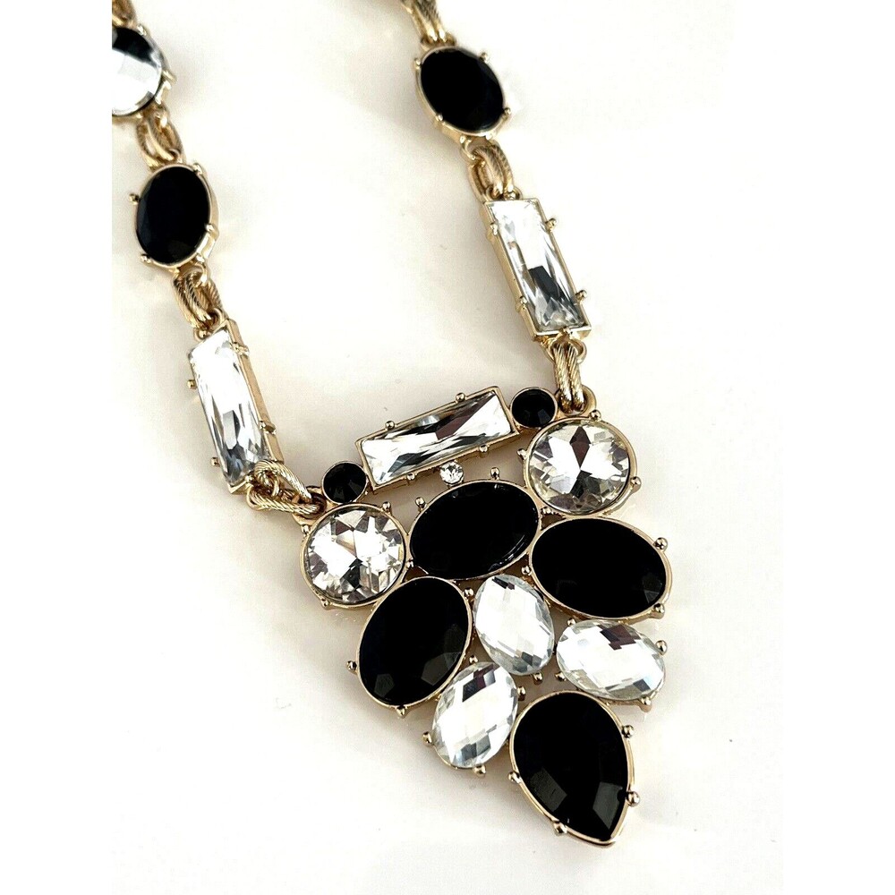 SUSAN GRAVER Statement Necklace Gold Tone Black & Clear Crystals